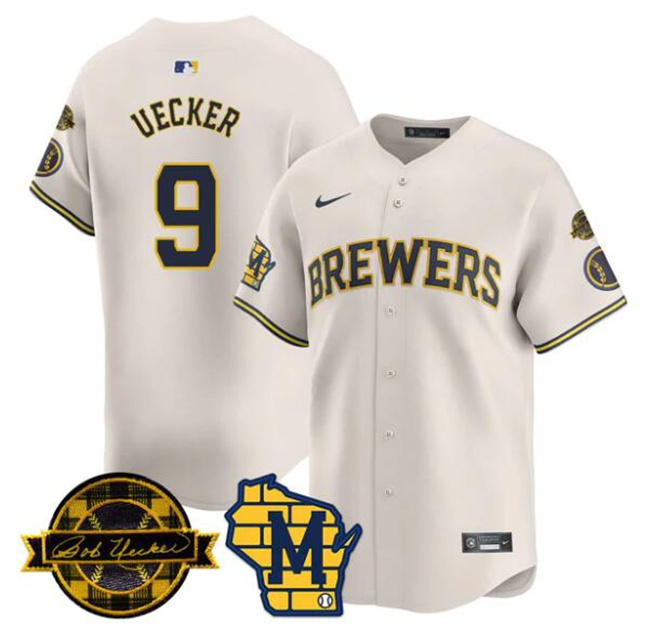 Men's Milwaukee Brewers #9 Bob Uecker Cream With Home & Bob Uecker Patch Limited Stitched Baseball Jersey Men's Milwaukee Brewers #9 Bob Uecker Cream With Home & Bob Uecker Patch Limited Stitched Baseball Jersey